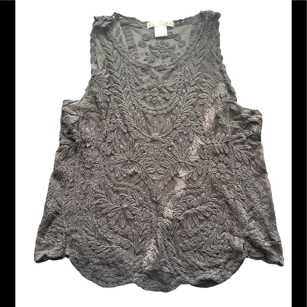 Say What Womens Top Size Small Black Mesh Floral Embroidered Tank Shirt